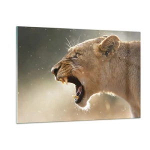 Obraz na szkle - Lew ryczący w promieniach słońca z bliska - 120x80cm - Spróbuj nie posłuchać - Nowoczesna dekoracja ścienna do salonu, kuchni i sypialni ARTTOR