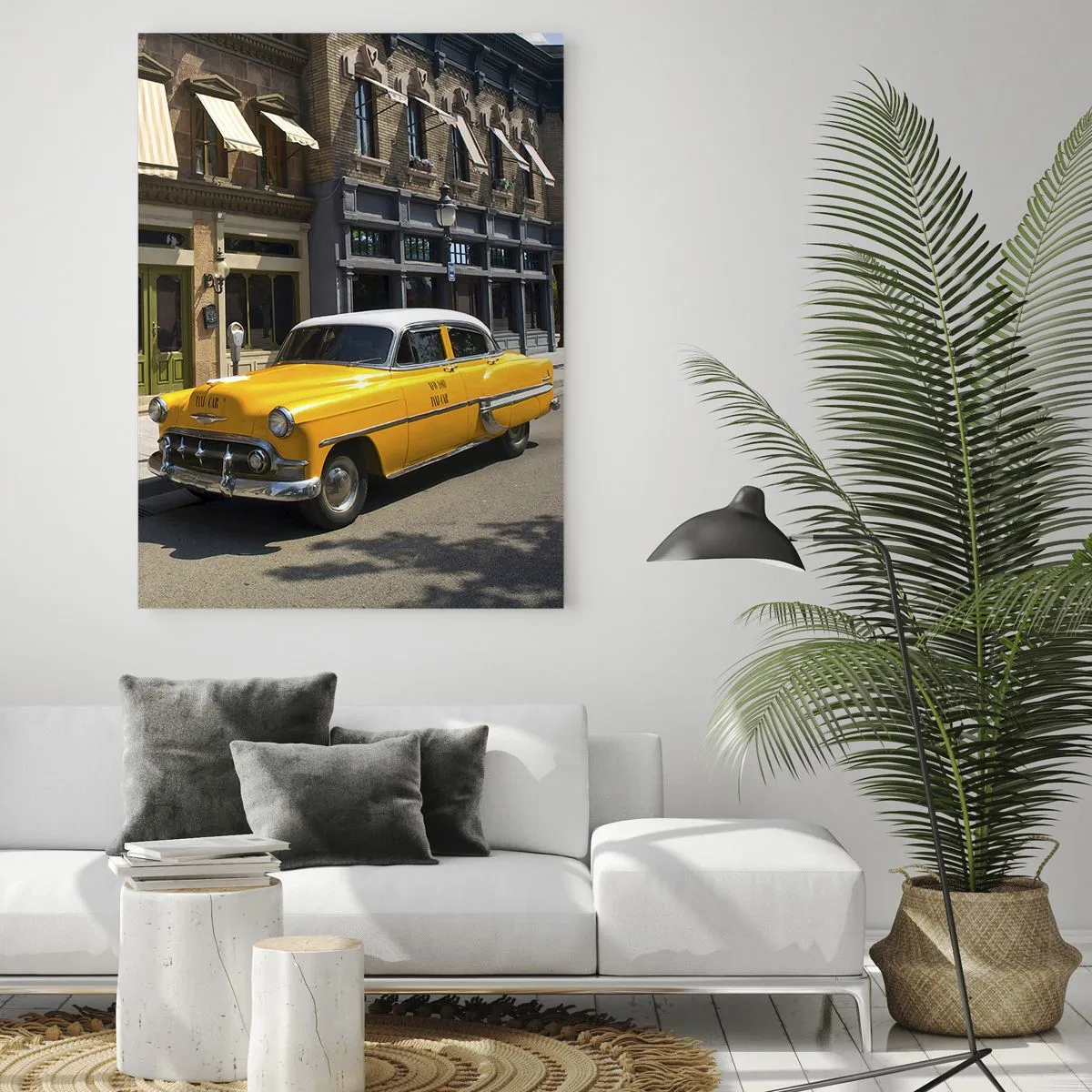 Obraz na szkle - Żółta taksówka na tle klasycznej kamienicy - 50x70cm - Dawno temu w Ameryce - Nowoczesna dekoracja ścienna do salonu, kuchni i sypialni ARTTOR