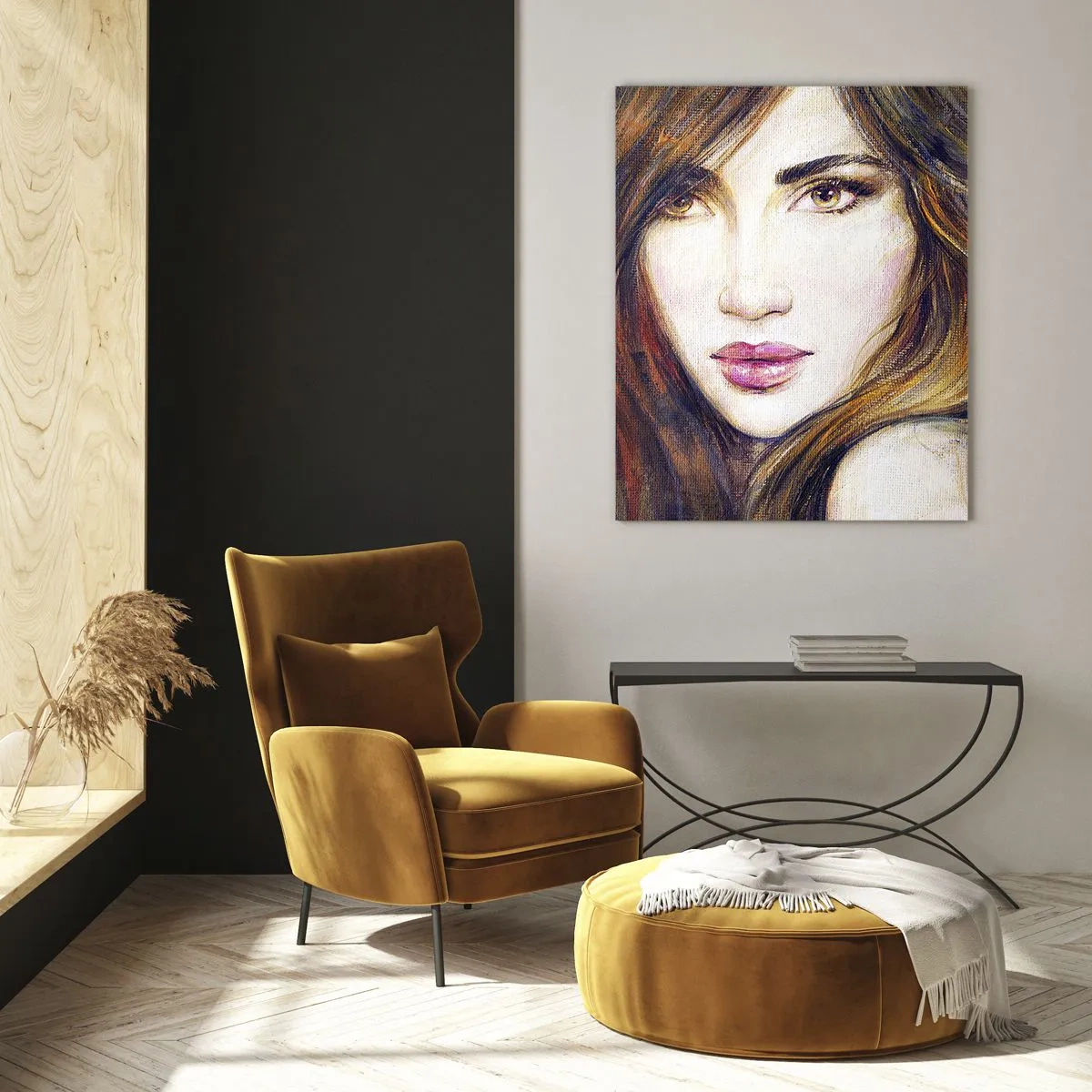 Obraz na szkle - Portret kobiety w ciepłych, artystycznych barwach - 50x70cm - Grosik za twoje myśli - Nowoczesna dekoracja ścienna do salonu, kuchni i sypialni ARTTOR