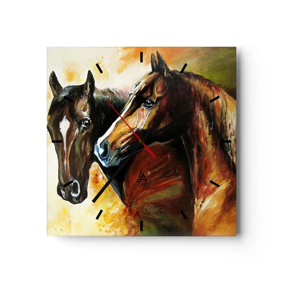 Zegar ścienny - Para koni w malarskiej kompozycji - 30x30cm - Dwa razy więcej wdzięku - Nowoczesna dekoracja ścienna do salonu i sypialni ARTTOR