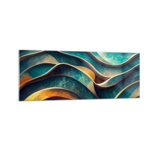 Obraz na szkle - Abstrakcyjne fale w odcieniach turkusu i złota - 140x50cm - Meandry błękitu - Nowoczesna dekoracja ścienna do salonu i sypialni ARTTOR