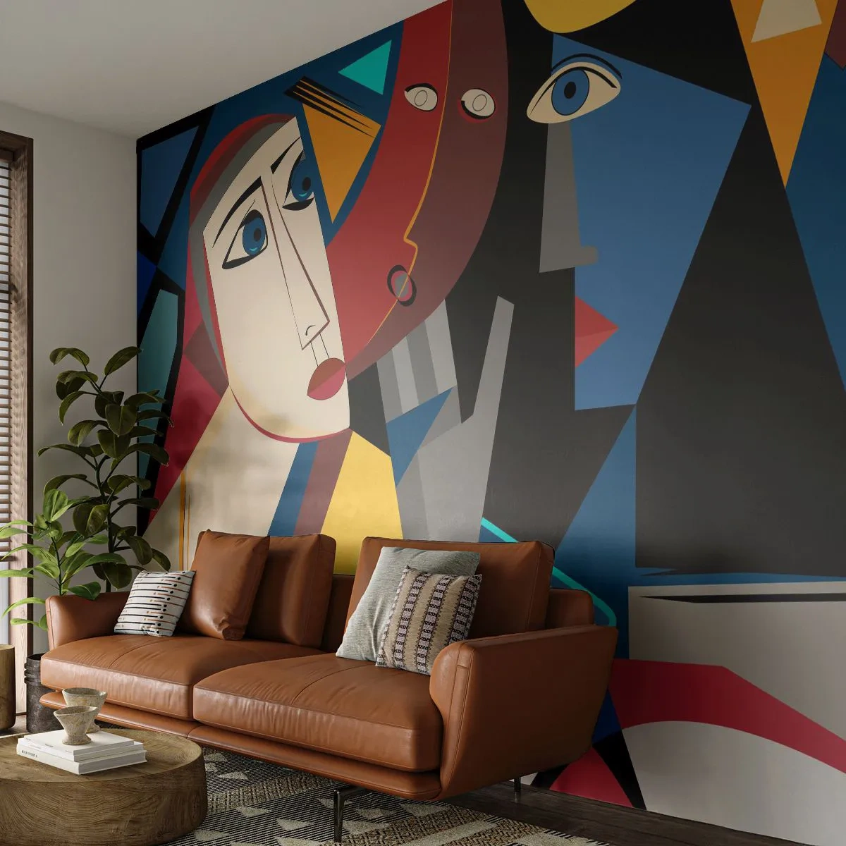 Fototapeta Standard Eco - Kubistyczne twarze w rozmowie na tle geometrycznych form - 100x70cm - Rozmowa kubistów - Nowoczesna dekoracja ścienna do salonu i sypialni ARTTOR