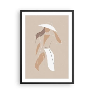 Plakat w czarnej ramie - Minimalistyczna sylwetka kobiety w kapeluszu na beżowym tle - 50x70cm - Moda to zabawa - Nowoczesna dekoracja ścienna do salonu i sypialni ARTTOR