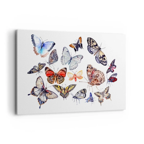 Obraz na płótnie - Kolorowe motyle na białym tle - 120x80cm - Koronkowy, barwny rój - Nowoczesna dekoracja ścienna do salonu, kuchni i sypialni ARTTOR