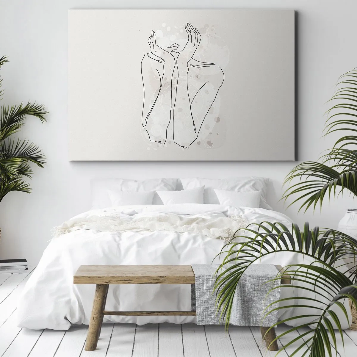 Obraz na płótnie - Linia konturowa przedstawiająca kobiece dłonie na jasnym tle - 70x50cm - Rozmarzona chwila - Nowoczesna dekoracja ścienna do salonu i sypialni ARTTOR