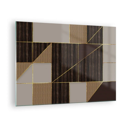 Obraz na szkle - Abstrakcyjna mozaika z brązowymi i złotymi elementami - 70x50cm - Mozaika brązów i złota - Nowoczesna dekoracja ścienna do salonu i sypialni ARTTOR