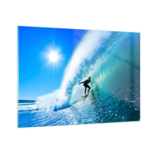Obraz na szkle - Surfer na fali w słoneczny dzień - 100x70cm - Przez wielki błękit - Nowoczesna dekoracja ścienna do salonu, kuchni i sypialni ARTTOR