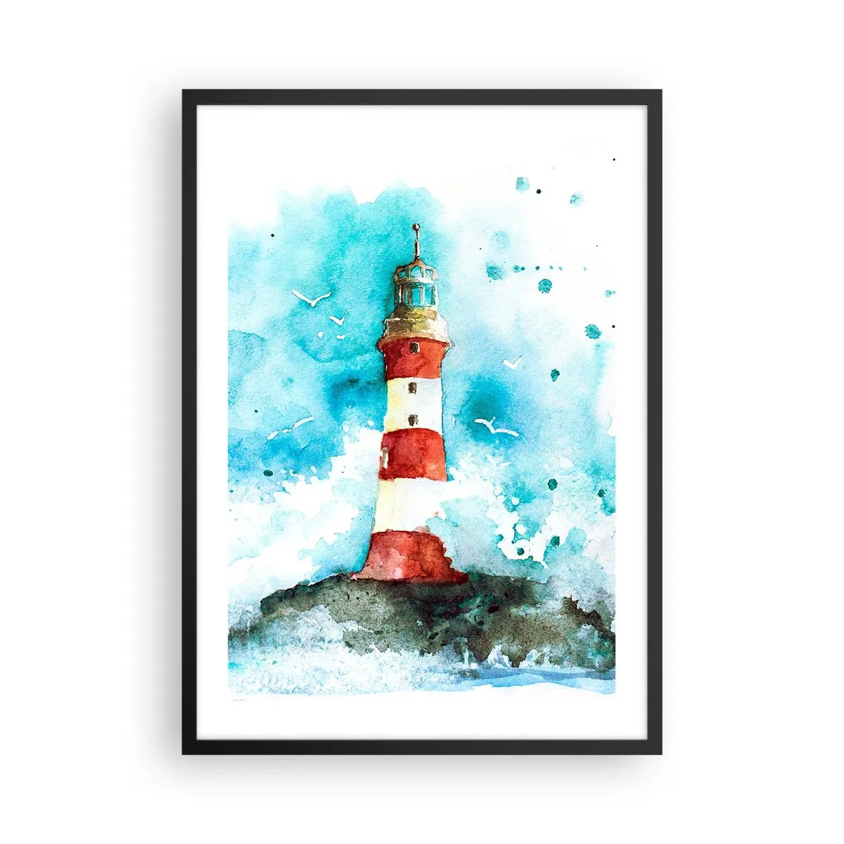 Plakat w czarnej ramie - Latarnia morska w akwarelowym stylu z morskimi falami - 50x70cm - Jedność żywiołów - Nowoczesna dekoracja ścienna do salonu i sypialni ARTTOR