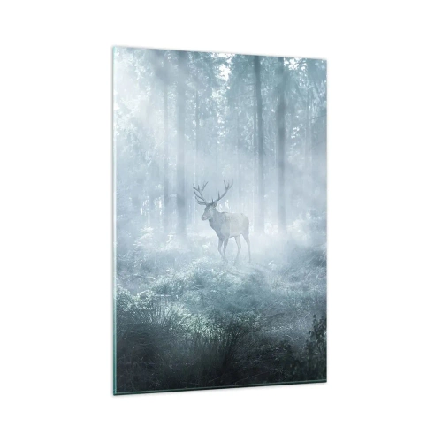 Obraz na szkle - Jeleń w gęstym lesie spowitym poranną mgłą - 80x120cm - Poranny obchód włości - Nowoczesna dekoracja ścienna do salonu i sypialni ARTTOR