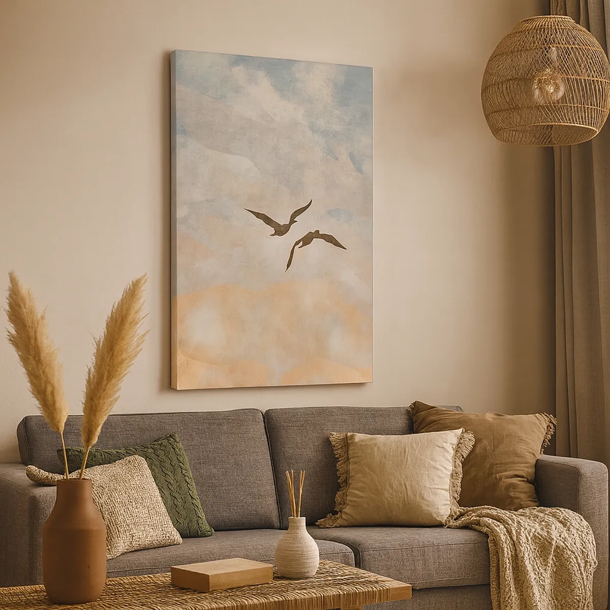 Obraz na płótnie - Dwa lecące ptaki na tle pastelowego nieba - 50x70cm - Podniebny taniec - Nowoczesna dekoracja ścienna do salonu, kuchni i sypialni ARTTOR