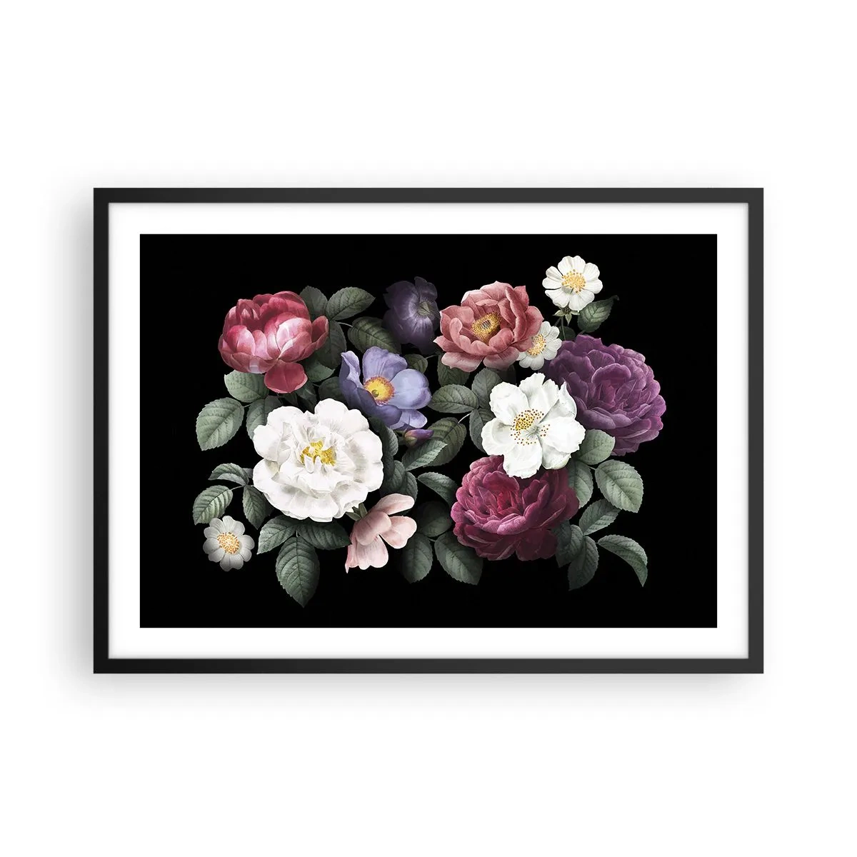 Plakat w czarnej ramie - Kwiaty w różnorodnych kolorach na czarnym tle - 70x50cm - Z angielskiego ogrodu - Nowoczesna dekoracja ścienna do salonu i sypialni ARTTOR