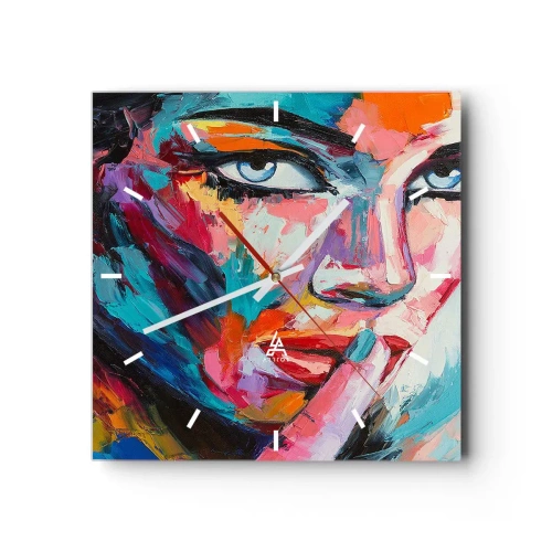 Zegar ścienny - Kolorowy portret kobiety w stylu abstrakcyjnym - 30x30cm - Nasza pierwsza tajemnica - Nowoczesna dekoracja ścienna do salonu i sypialni ARTTOR