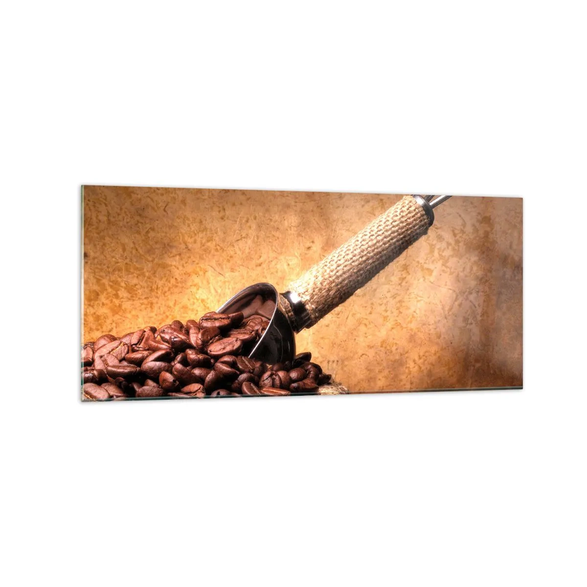 Obraz na szkle - Ziarna kawy w worku jutowym z metalową łyżką - 120x50cm - U źródeł smaku - Nowoczesna dekoracja ścienna do salonu i sypialni ARTTOR