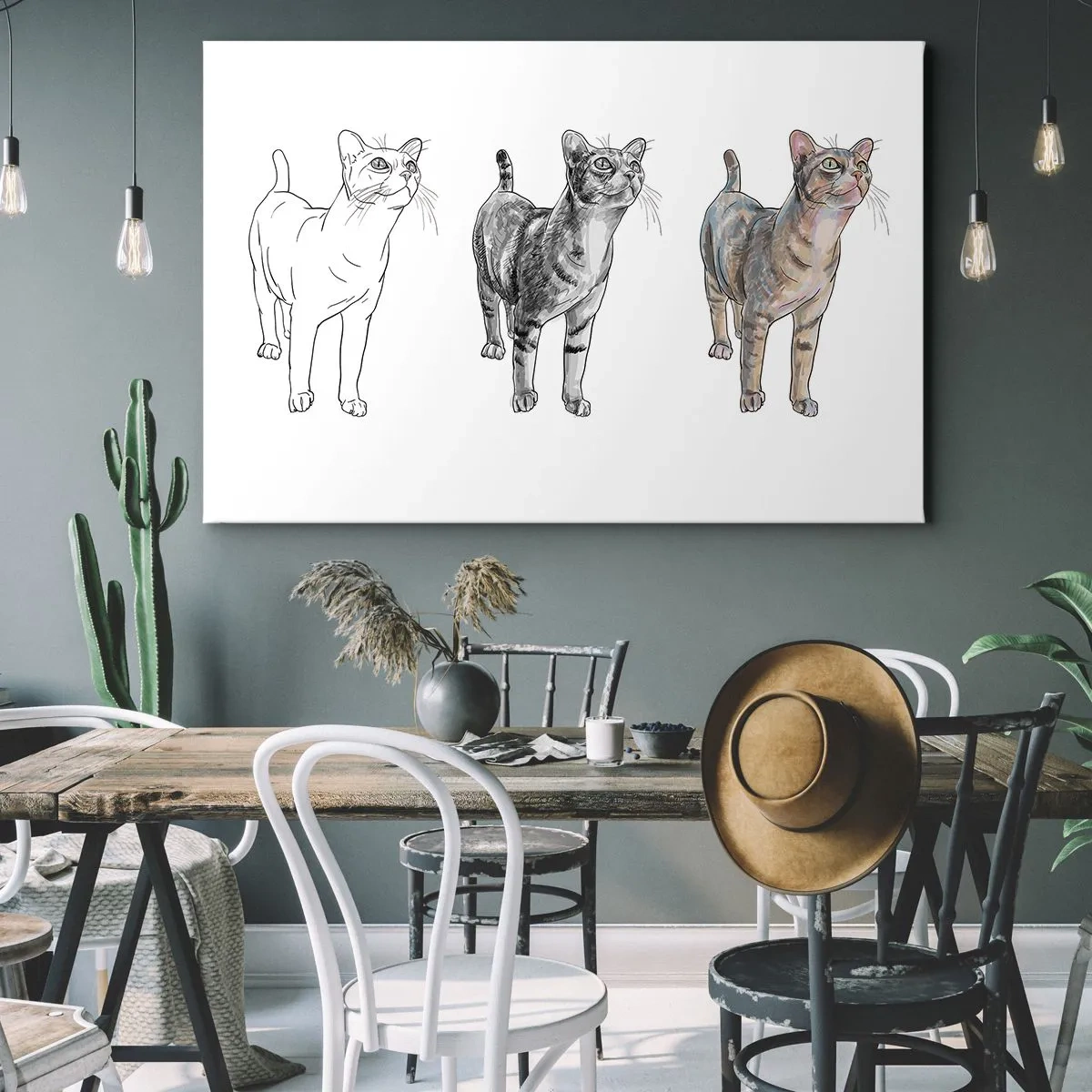 Obraz na płótnie - Ewolucja rysunku kota od szkicu do kolorowej formy - 70x50cm - Lekcja rysunku - Nowoczesna dekoracja ścienna do salonu i sypialni ARTTOR
