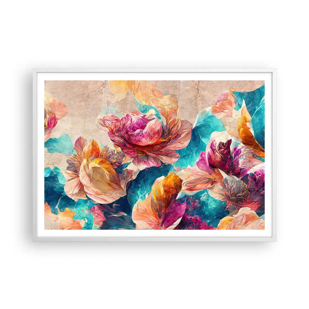 Plakat w białej ramie - Barwny przepych bukietu - 100x70 cm