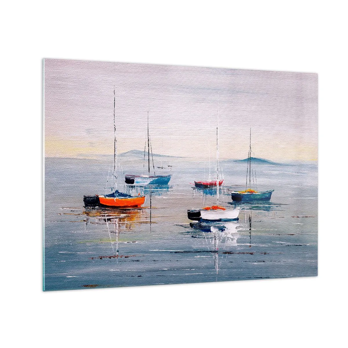 Obraz na szkle - Kolorowe łódki dryfujące na spokojnej tafli wody o zachodzie słońca - 70x50cm - Zasłużony odpoczynek - Nowoczesna dekoracja ścienna do salonu i sypialni ARTTOR