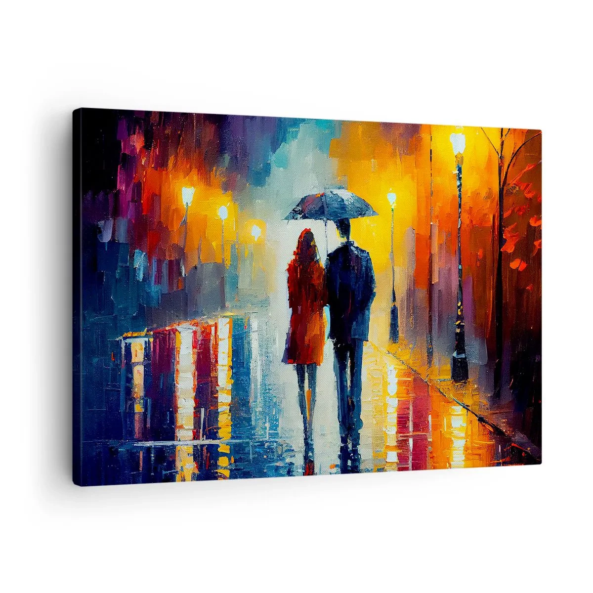 Obraz na płótnie - Para pod parasolem spacerująca po kolorowym nocnym mieście - 70x50cm - Razem – kolorowa noc - Nowoczesna dekoracja ścienna do salonu i sypialni ARTTOR
