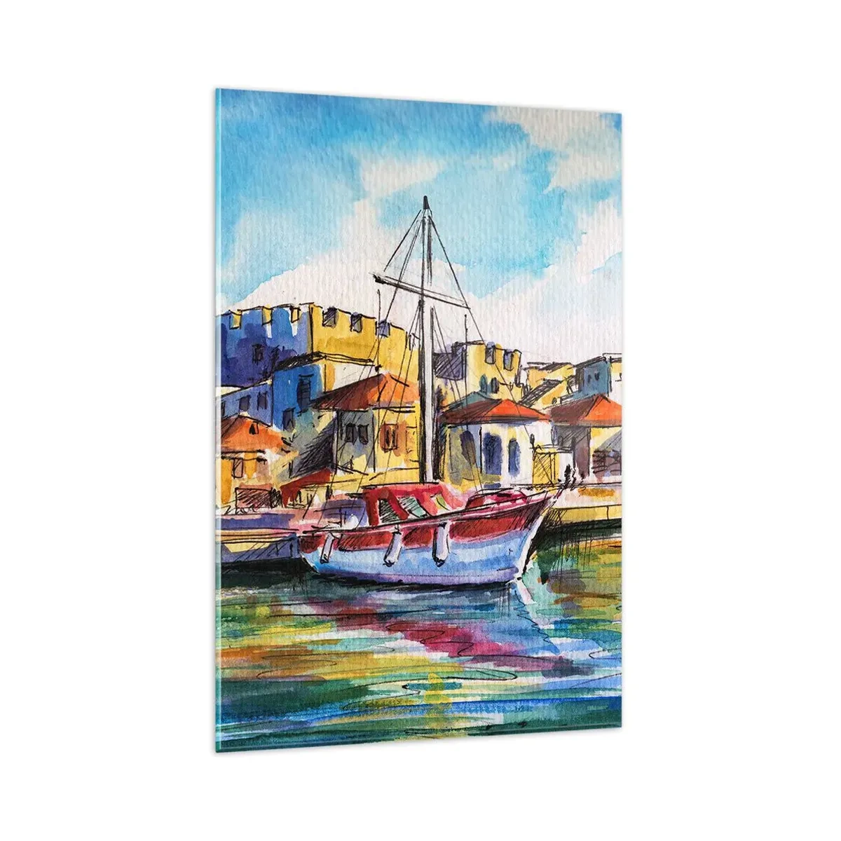 Obraz na szkle - Malowniczy port z łodzią i kolorowymi budynkami - 80x120cm - Tęczowe popołudnie - Nowoczesna dekoracja ścienna do salonu i sypialni ARTTOR