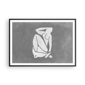 Plakat w czarnej ramie - Minimalistyczny rysunek sylwetki na szarym tle - 100x70cm - W zamyśleniu - Nowoczesna dekoracja ścienna do salonu i sypialni ARTTOR