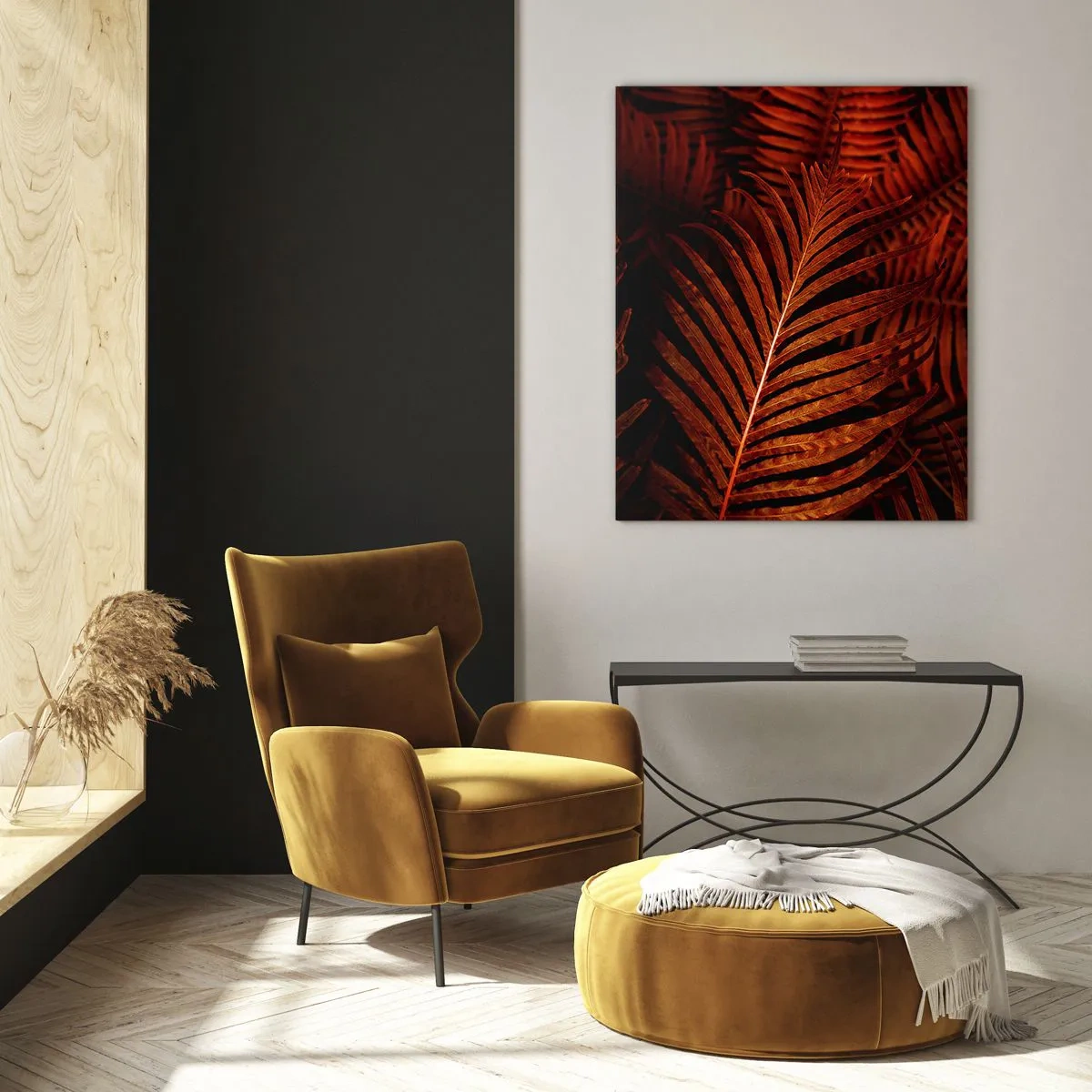 Obraz na szkle - Czerwone liście tropikalnej rośliny na ciemnym tle - 50x70cm - Żar życia - Nowoczesna dekoracja ścienna do salonu, kuchni i sypialni ARTTOR