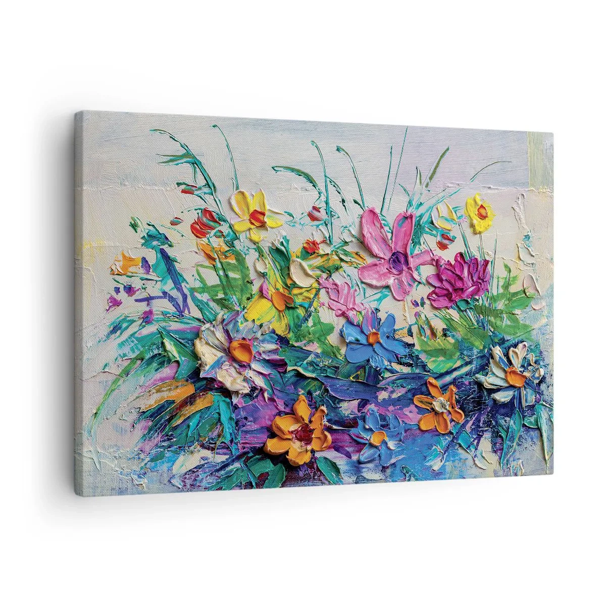 Obraz na płótnie - Kolorowy bukiet kwiatów namalowany techniką impasto - 70x50cm - Wcale nie-martwa natura - Nowoczesna dekoracja ścienna do salonu i sypialni ARTTOR