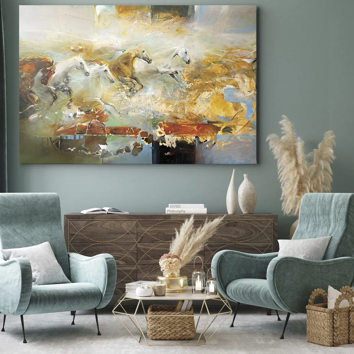 Obraz na płótnie - Artystyczne konie w dynamicznej scenerii pełnej kolorów - 70x50cm - Galopem przez światło - Nowoczesna dekoracja ścienna do salonu i sypialni ARTTOR