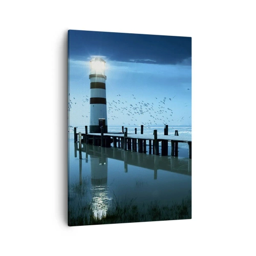 Obraz na płótnie - Latarnia morska oświetlająca molo nocą - 50x70cm - I nie boisz się ciemności - Nowoczesna dekoracja ścienna do salonu, kuchni i sypialni ARTTOR
