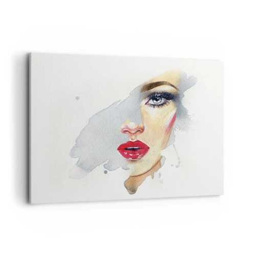 Obraz na płótnie - Portret kobiety w akwarelowym stylu z intensywnym spojrzeniem - 100x70cm - Odbicie w kropli wody - Nowoczesna dekoracja ścienna do salonu, kuchni i sypialni ARTTOR