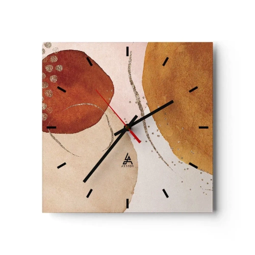 Zegar ścienny - Abstrakcyjne kształty w ciepłych odcieniach brązu i złota - 30x30cm - Krągłość i ruch - Nowoczesna dekoracja ścienna do salonu i sypialni ARTTOR