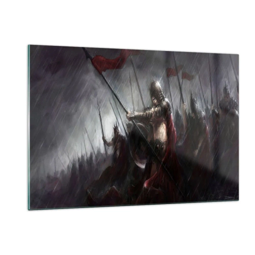 Obraz na szkle - Rycerze w deszczu na polu bitwy w pełnym rynsztunku - 120x80cm - Przechodniu, powiedz Sparcie… - Nowoczesna dekoracja ścienna do salonu, kuchni i sypialni ARTTOR