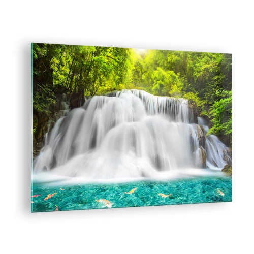 Obraz na szkle - Wodospad w otoczeniu zieleni z krystalicznie czystą wodą - 70x50cm - Pienistą kaskadą od zieleni do lazuru - Nowoczesna dekoracja ścienna do salonu i sypialni ARTTOR