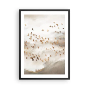 Plakat w czarnej ramie - Stado ptaków unoszące się wśród mglistych obłoków - 50x70cm - Już czas… - Nowoczesna dekoracja ścienna do salonu i sypialni ARTTOR