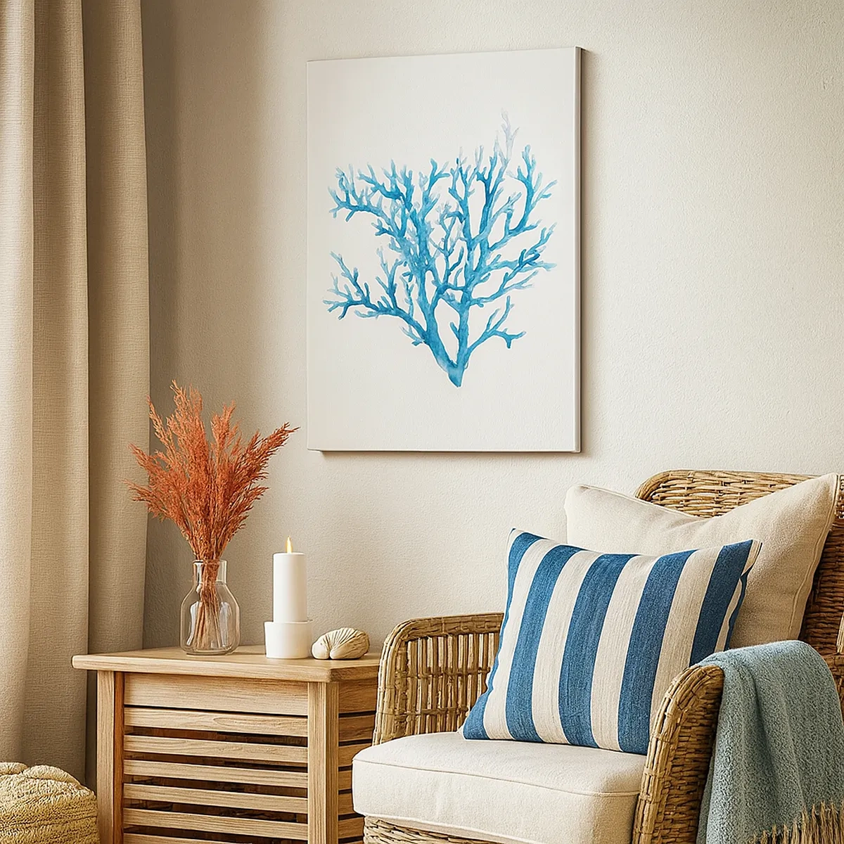 Obraz na płótnie - Akwarelowy rysunek błękitnego koralowca na jasnym tle - 50x70cm - Morski filigran - Nowoczesna dekoracja ścienna do salonu, kuchni i sypialni ARTTOR