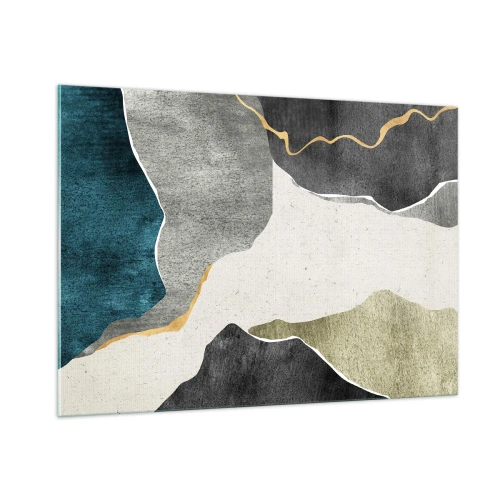 Obraz na szkle - Abstrakcyjna mozaika z organicznymi kształtami i złotą linią - 100x70cm - Mozaikowa kompozycja z nitką złota - Nowoczesna dekoracja ścienna do salonu, kuchni i sypialni ARTTOR