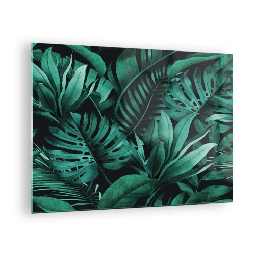 Obraz na szkle - Soczyste zielone liście w tropikalnej kompozycji - 70x50cm - Głębia tropikalnej zieleni - Nowoczesna dekoracja ścienna do salonu i sypialni ARTTOR