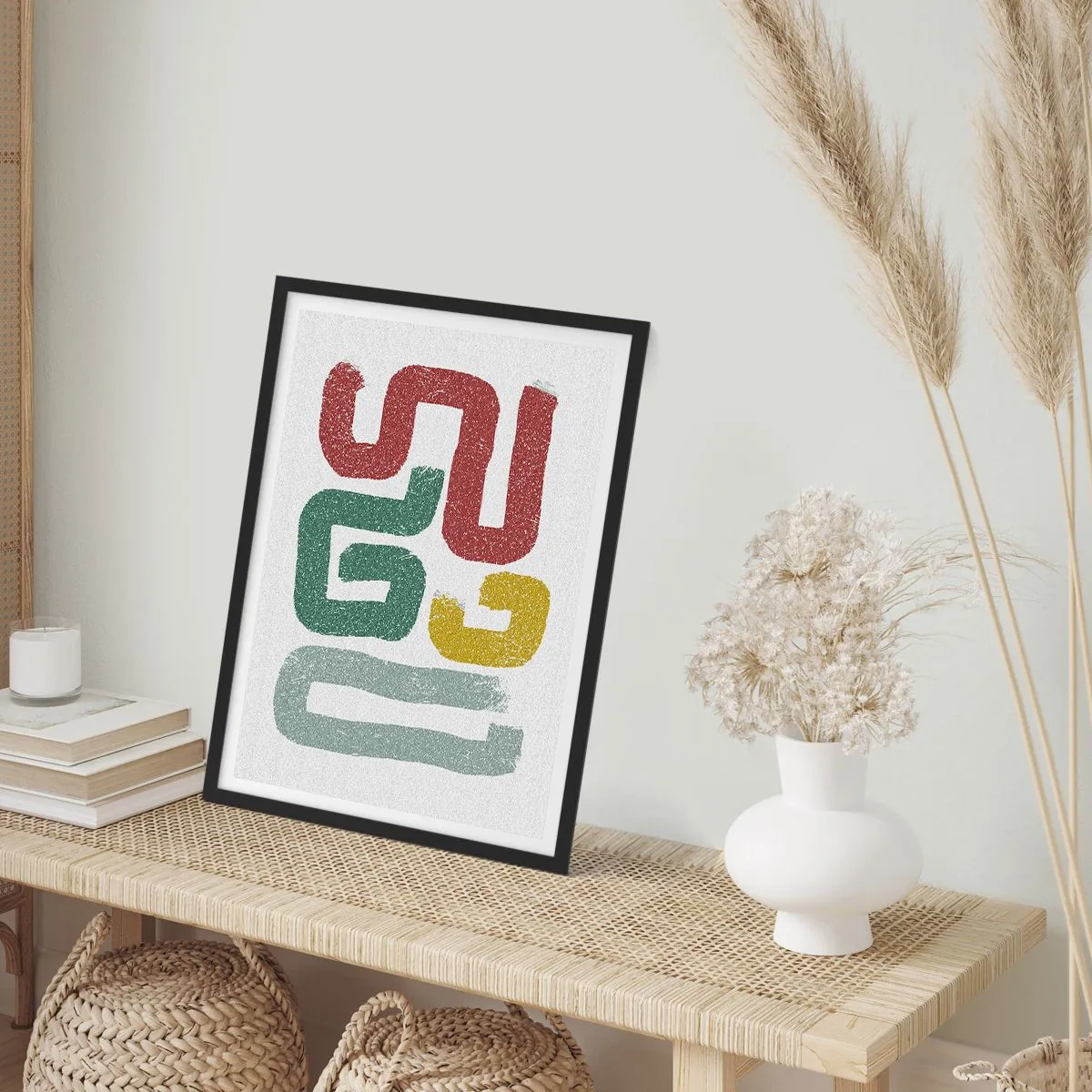 Plakat w czarnej ramie - Abstrakcyjne kształty w kolorach ziemi na jasnym tle - 50x70cm - W nieznanym języku - Nowoczesna dekoracja ścienna do salonu i sypialni ARTTOR