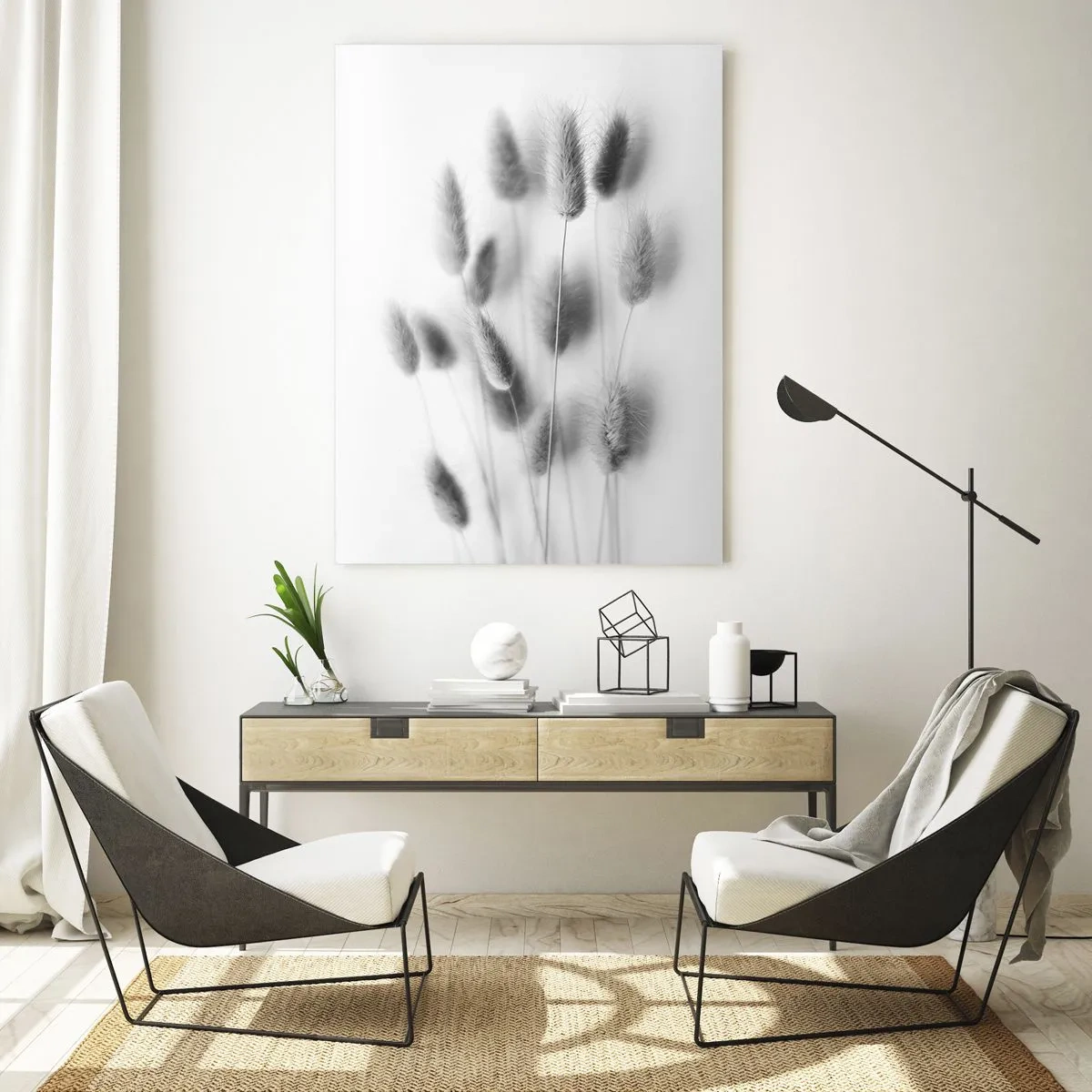 Obraz na szkle - Czarno-białe kłosy trawy na jasnym tle w stylu minimalistycznym - 50x70cm - Jej puszystość trawa - Nowoczesna dekoracja ścienna do salonu, kuchni i sypialni ARTTOR
