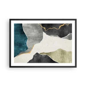 Plakat w czarnej ramie - Geometryczne formy w odcieniach szarości, zieleni i złota - 70x50cm - Mozaikowa kompozycja z nitką złota - Nowoczesna dekoracja ścienna do salonu i sypialni ARTTOR