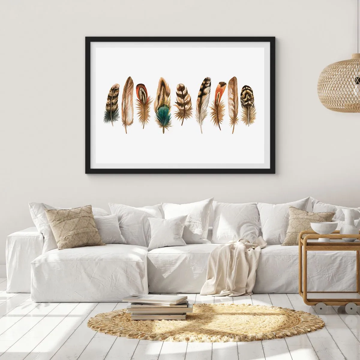Plakat w czarnej ramie - Dekoracyjny motyw kolekcji różnorodnych piór - 70x50cm - Pierzasta wariacja - Nowoczesna dekoracja ścienna do salonu i sypialni ARTTOR