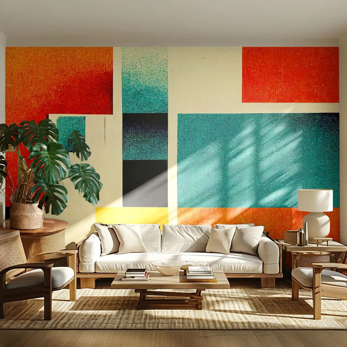 Fototapeta Premium Sand - Geometryczne kolorowe bloki w stylu retro - 100x70cm - Abstrakcja geometryczna – dobra energia - Nowoczesna dekoracja ścienna do salonu, kuchni i sypialni ARTTOR