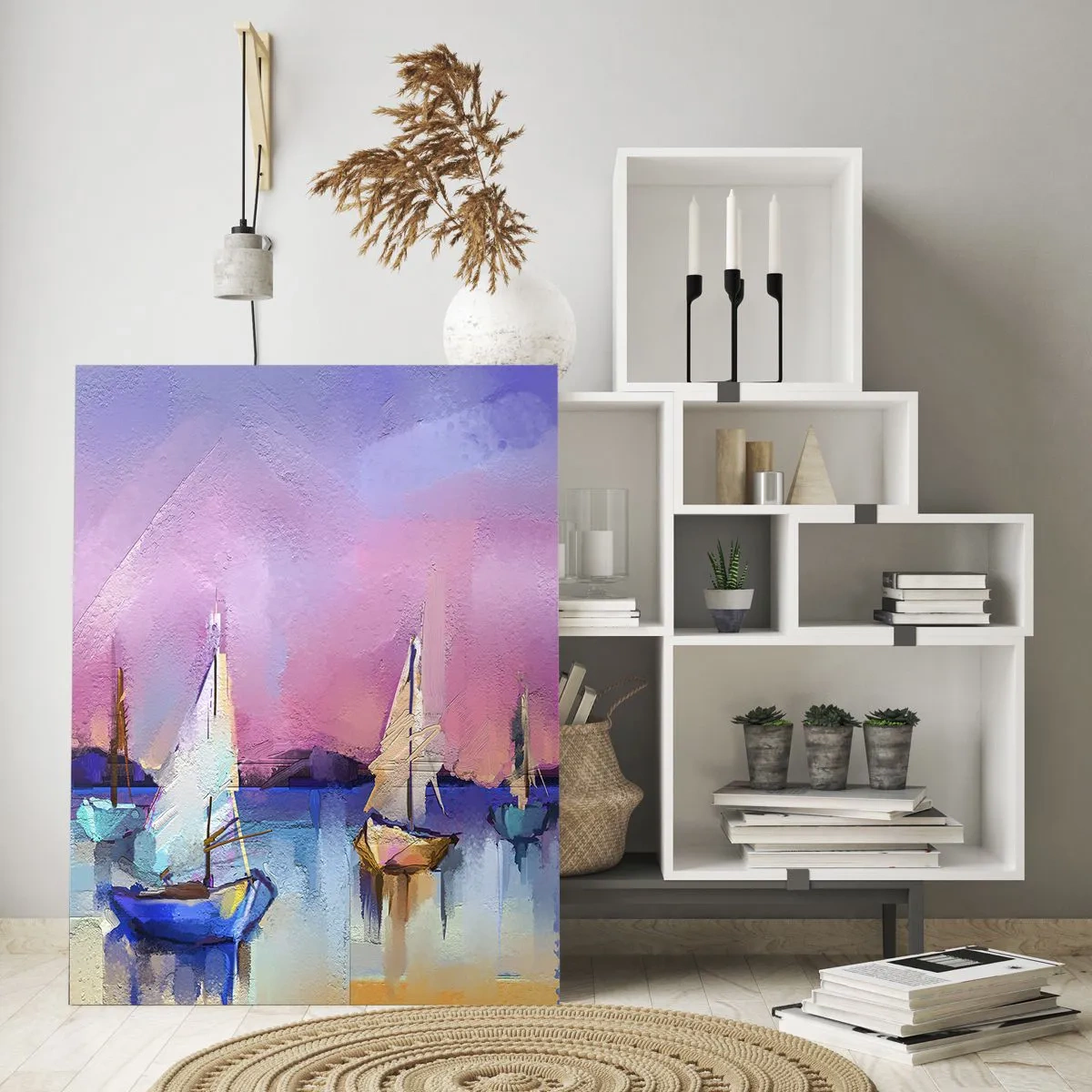 Obraz na szkle - Abstrakcyjna marina z żaglówkami o zachodzie słońca - 50x70cm - Kierunek: szerokie wody - Nowoczesna dekoracja ścienna do salonu, kuchni i sypialni ARTTOR