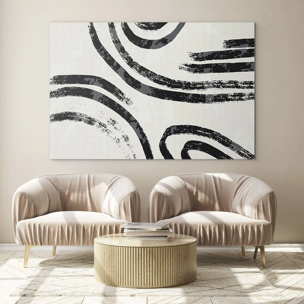 Obraz na szkle - Czarne półkoliste linie w minimalistycznej abstrakcji na jasnym tle - 70x50cm - W pół zatrzymany - Nowoczesna dekoracja ścienna do salonu i sypialni ARTTOR