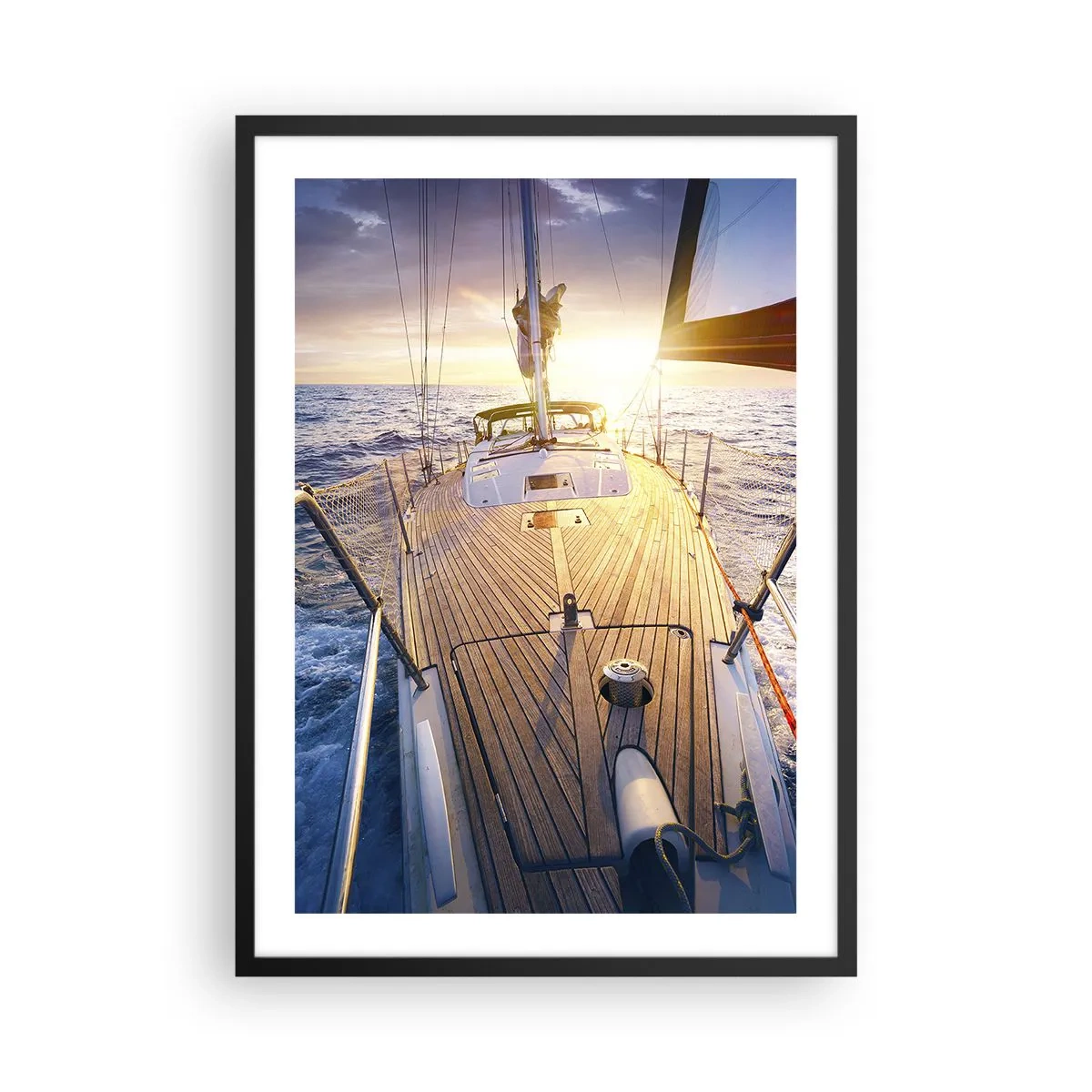 Plakat w czarnej ramie - Pokład jachtu z widokiem na ocean i zachód słońca - 50x70cm - Biegnąca po falach - Nowoczesna dekoracja ścienna do salonu i sypialni ARTTOR