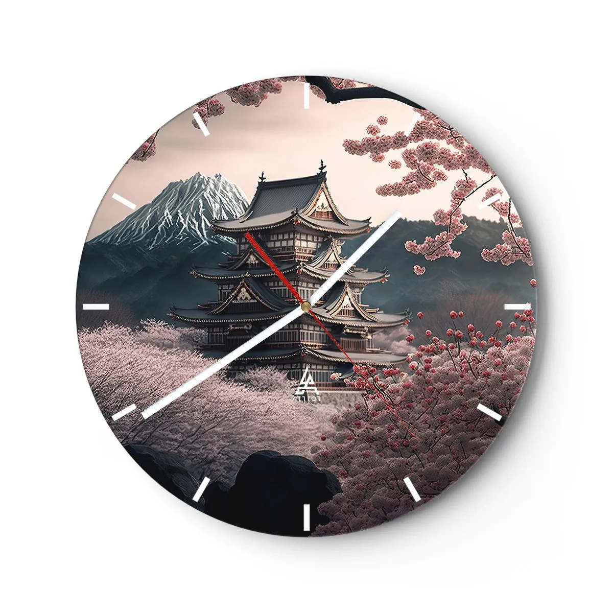 Zegar ścienny - Tradycyjna pagoda wśród kwitnących wiśni z górą w tle - 30x30cm - Kraj kwitnącej wiśni - Nowoczesna dekoracja ścienna do salonu, kuchni i sypialni ARTTOR