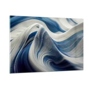 Obraz na szkle - Dynamiczna abstrakcja w odcieniach błękitu i bieli - 120x80cm - Płynność błękitu i bieli - Nowoczesna dekoracja ścienna do salonu, kuchni i sypialni ARTTOR