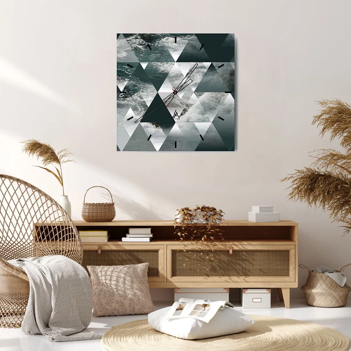 Zegar ścienny - Geometryczny wzór z motywem fal w odcieniach zieleni - 30x30cm - Kryształowa perspektywa - Nowoczesna dekoracja ścienna do salonu i sypialni ARTTOR
