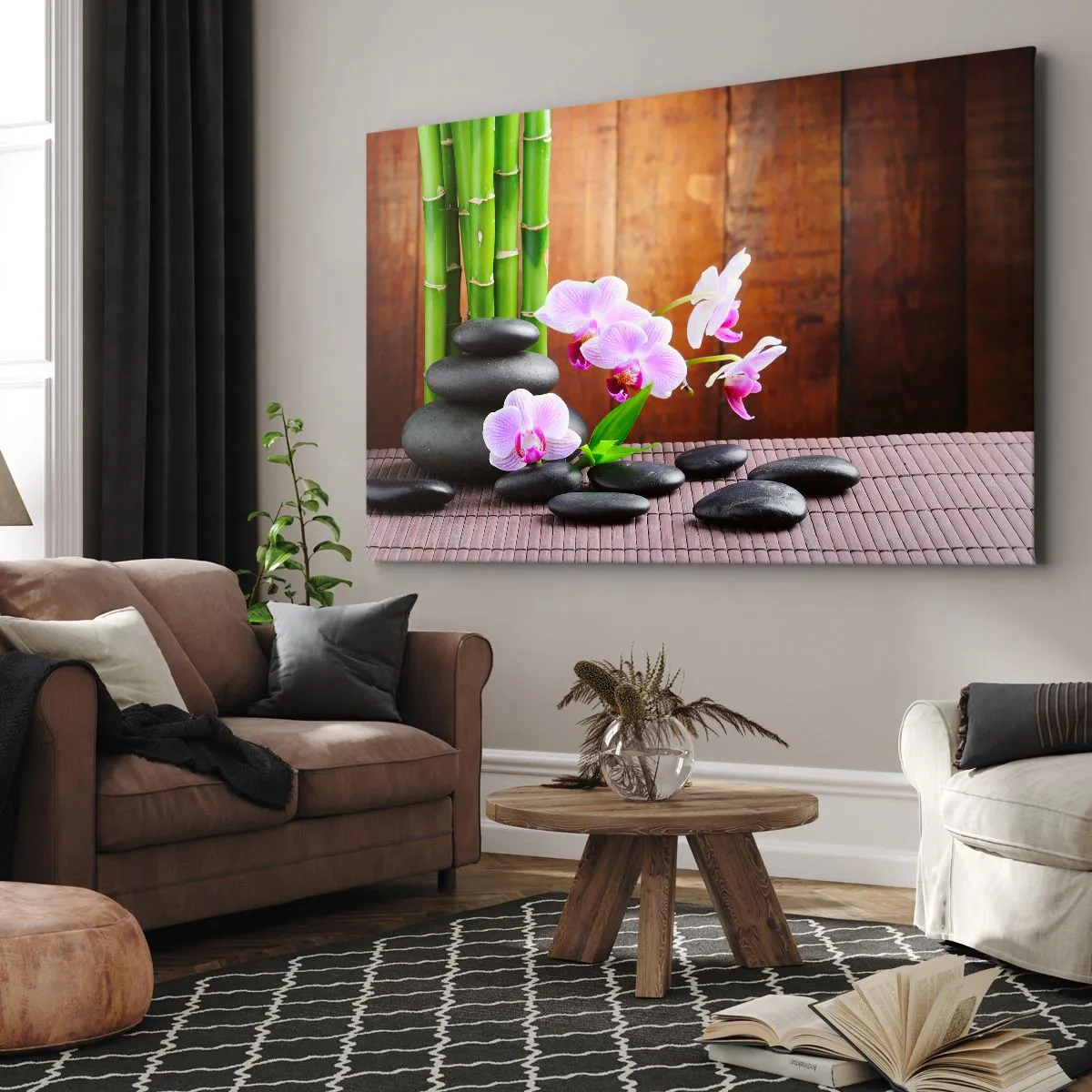 Obraz na płótnie - Bambus, kamienie i różowe orchidee w stylu Zen na tle drewna - 100x70cm - Poznaj przyjemności wschodu - Nowoczesna dekoracja ścienna do salonu, kuchni i sypialni ARTTOR