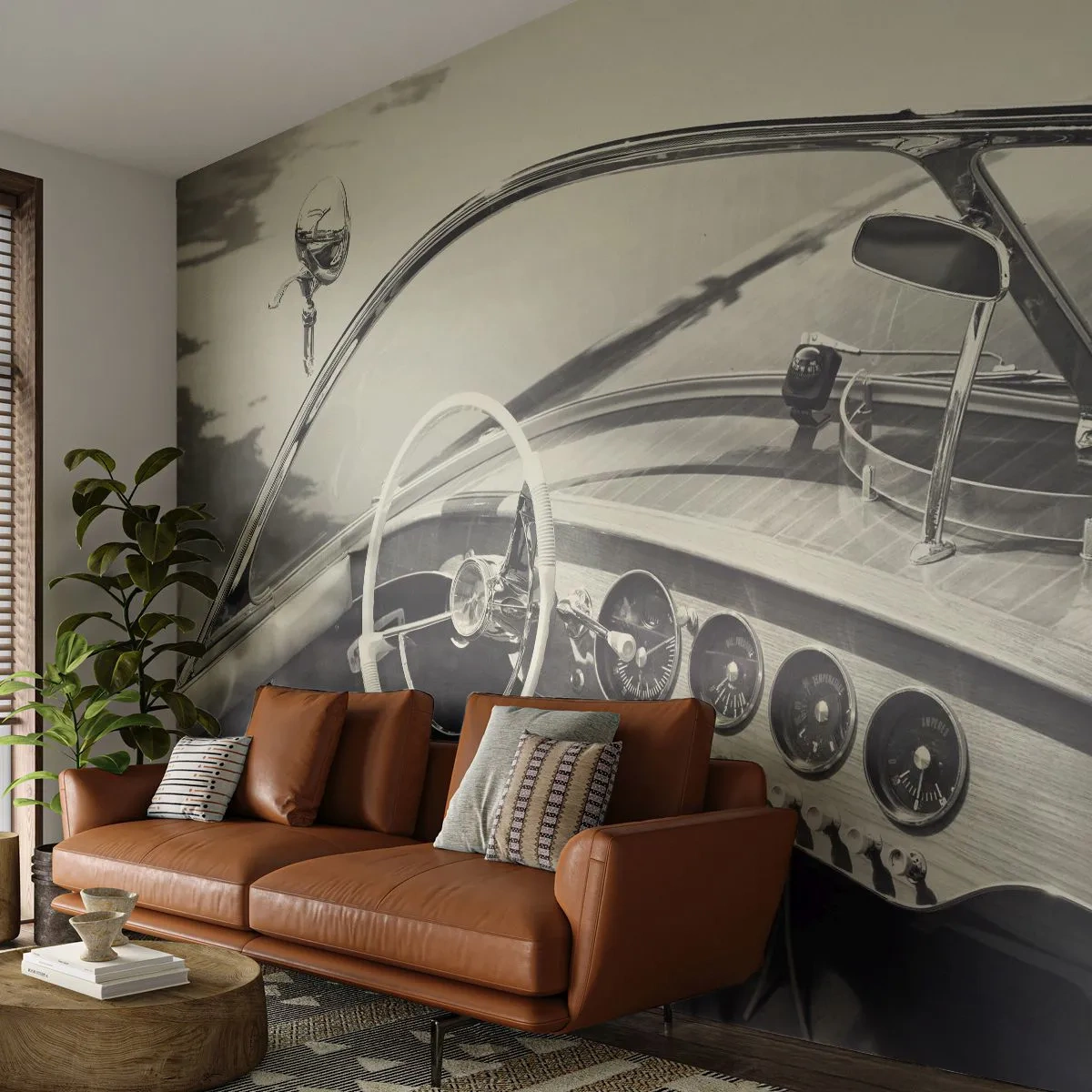 Fototapeta Premium Sand - Wnętrze stylowej motorówki retro - 100x70cm - Pogoda dla bogaczy - Nowoczesna dekoracja ścienna do salonu, kuchni i sypialni ARTTOR