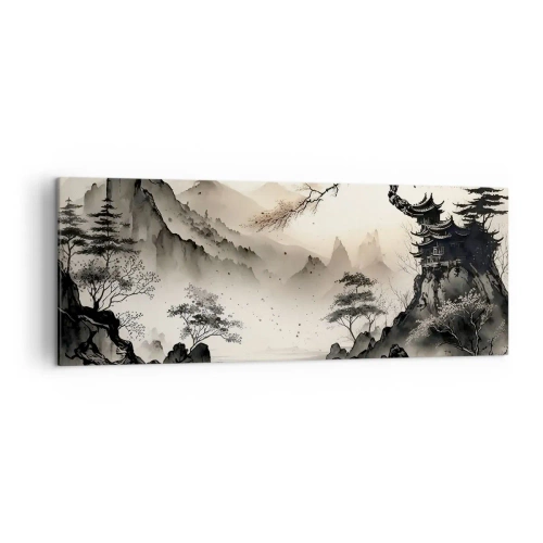 Obraz na płótnie - Orientalny krajobraz z górami i pagodą w delikatnych odcieniach - 140x50cm - Niepowtarzalny urok orientu - Nowoczesna dekoracja ścienna do salonu i sypialni ARTTOR