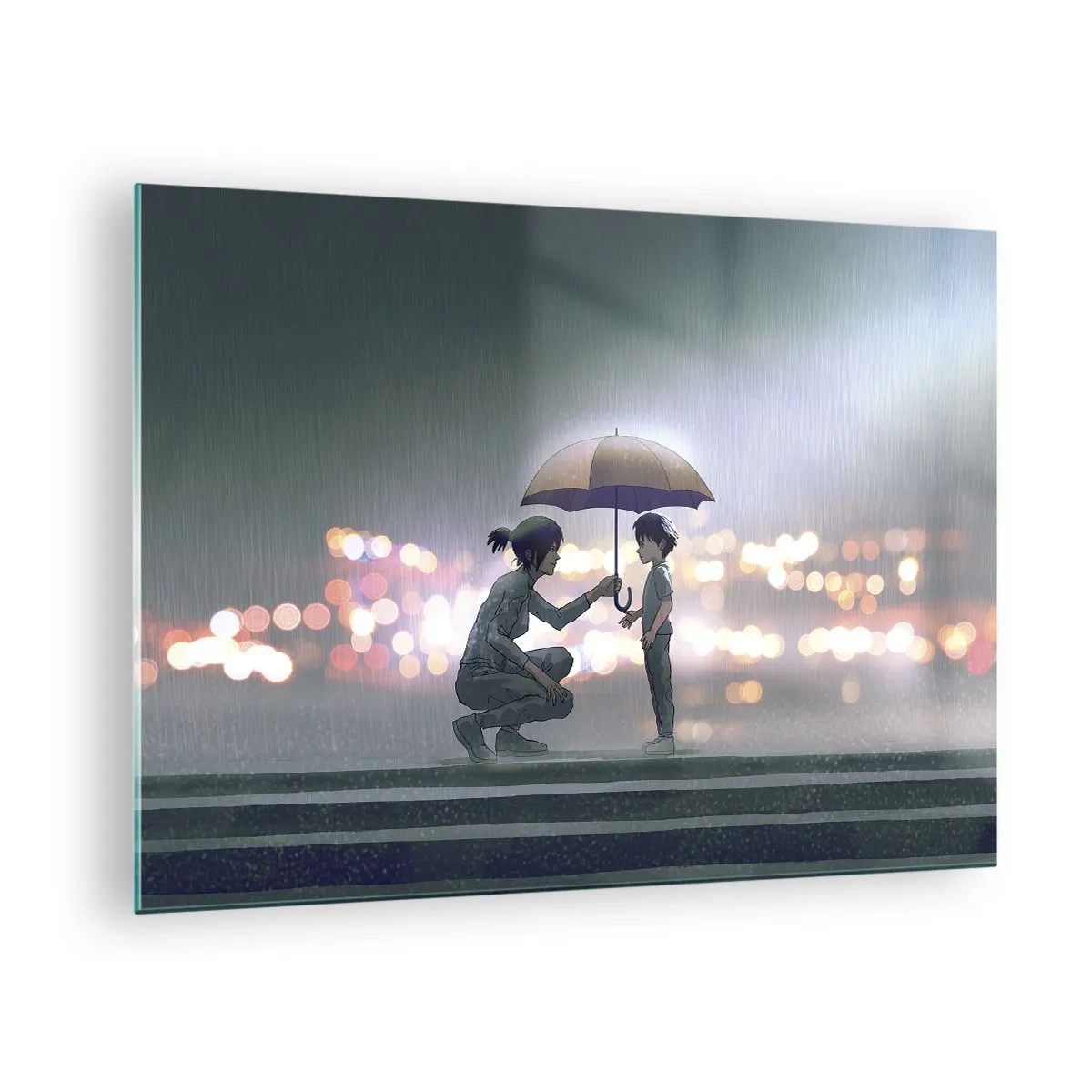 Obraz na szkle - Postacie w deszczu z parasolem na tle nocnych świateł - 70x50cm - I już jest wszystko dobrze - Nowoczesna dekoracja ścienna do salonu i sypialni ARTTOR